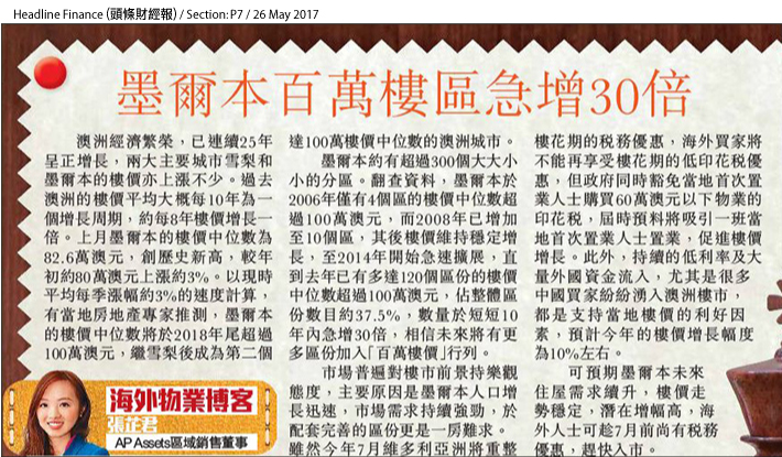 AP Assets 區域銷售董事張芷君於專欄闡述墨爾本樓價中位數將於2018年尾超過100萬澳元，並指外國資金流入利好當地樓價，料今年增幅約為10%。