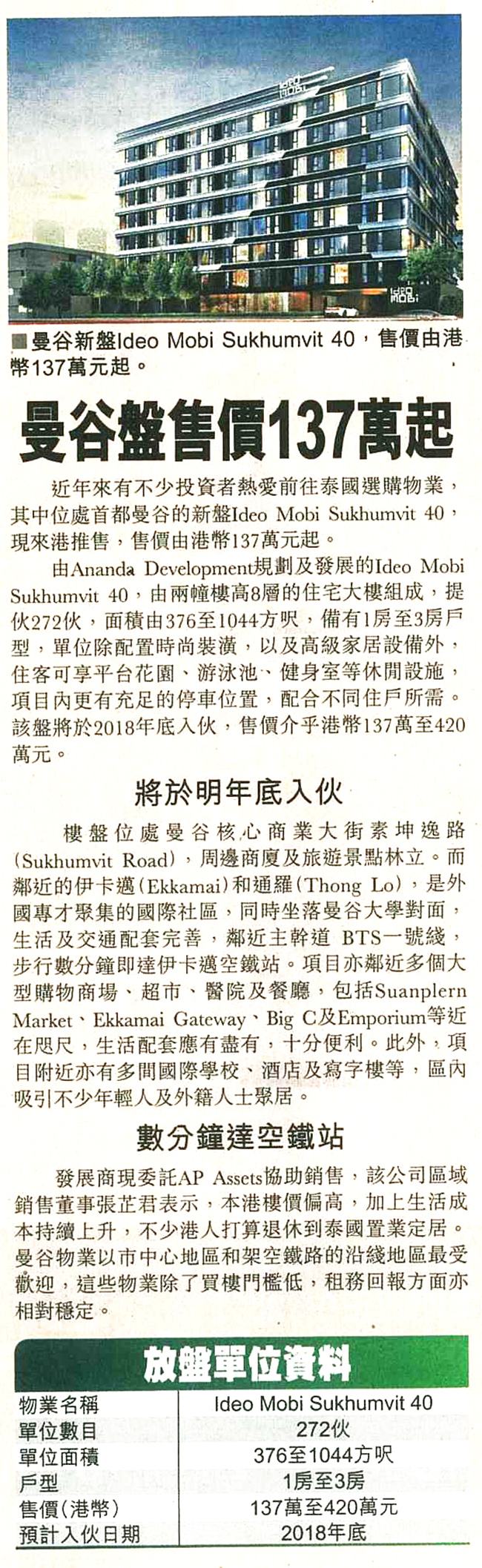 報導介紹AP Assets代理的泰國曼谷盤Ideo Mobi Sukhumvit 40，入場價137萬港元起。